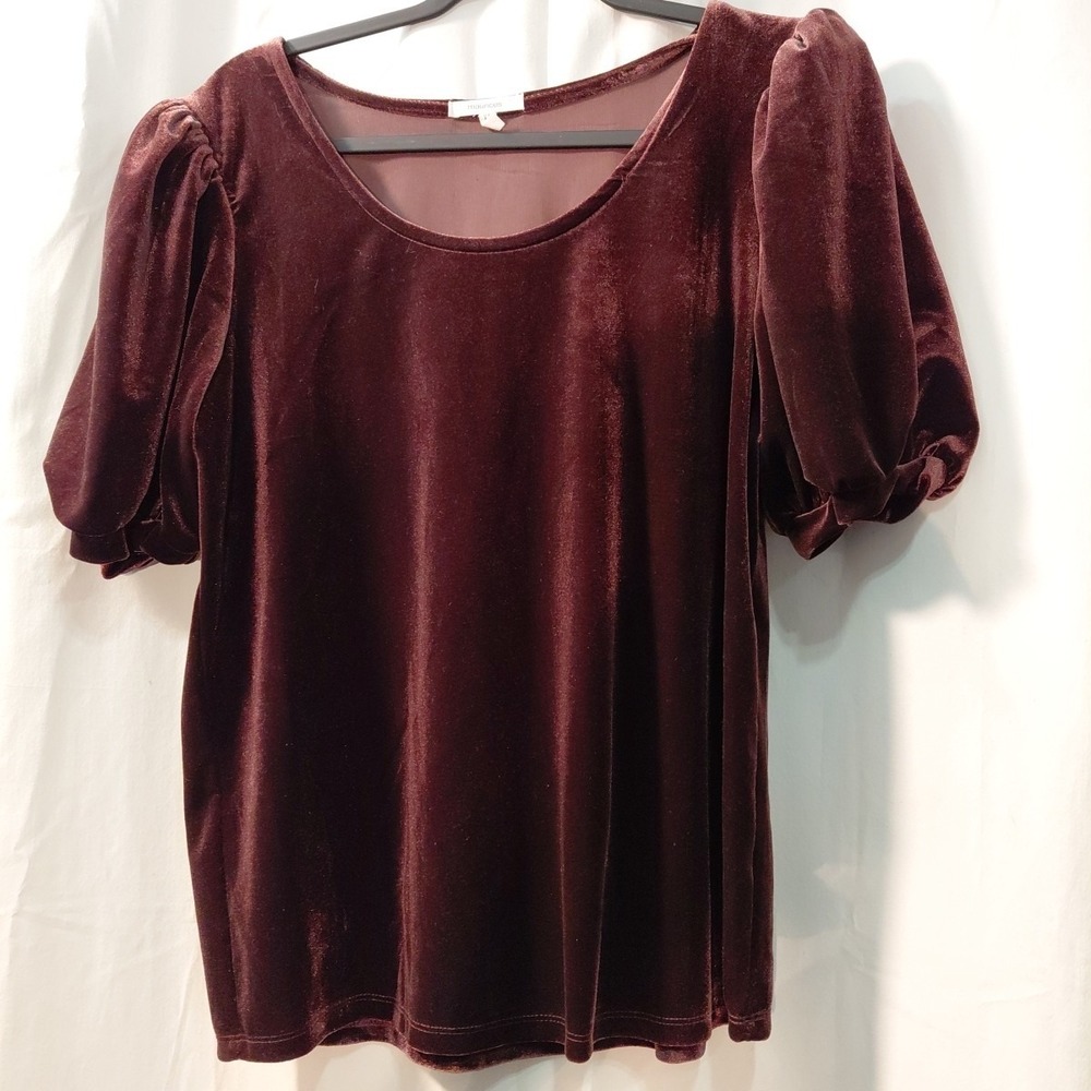 Maurices Womens Velvet Puff Sleeve Top Brown Size L Scoop Neck Glam Vamp Party‎